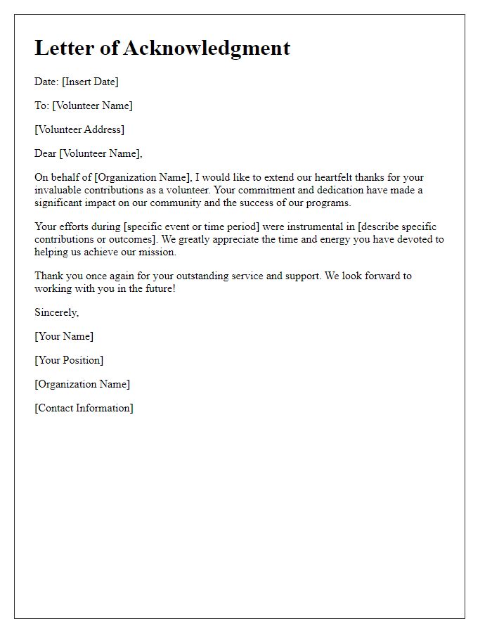 Letter template of acknowledgment for volunteer efforts