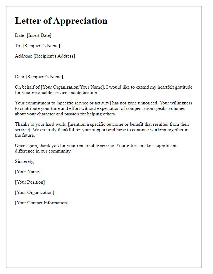 Letter template of appreciation for unpaid service