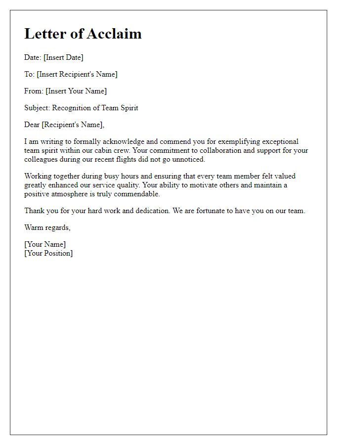 Letter template of Cabin Crew Acclaim for Team Spirit