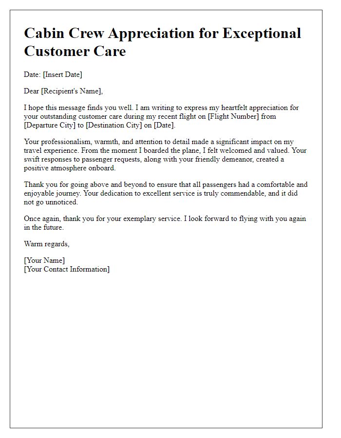 Letter template of Cabin Crew Appreciation for Customer Care