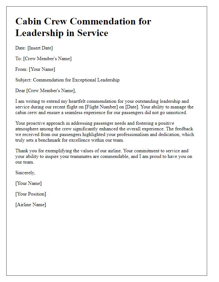 Letter template of Cabin Crew Commendation for Leadership in Service