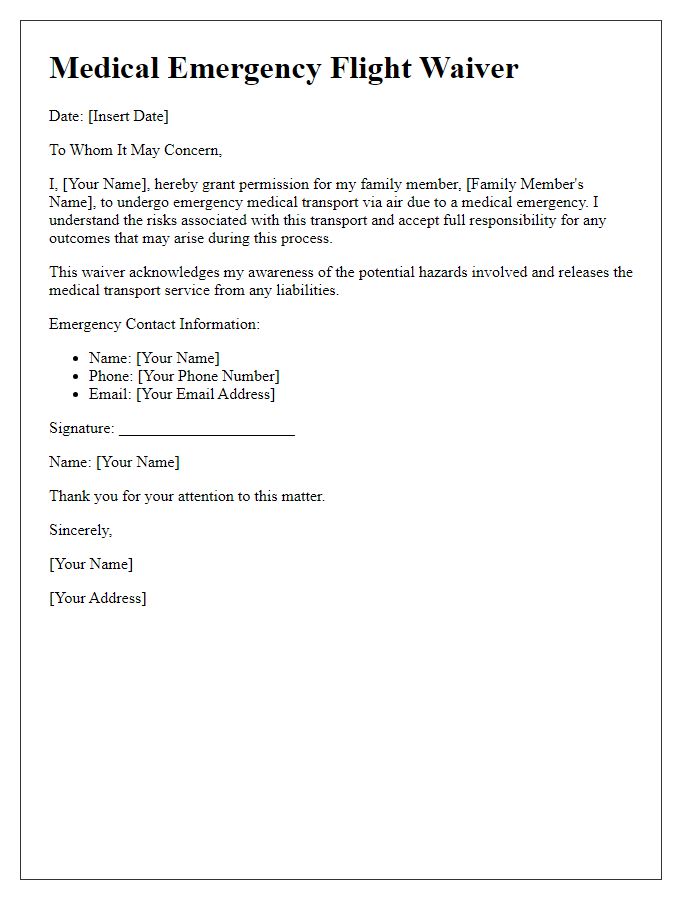 Letter template of medical emergency flight waiver for family members