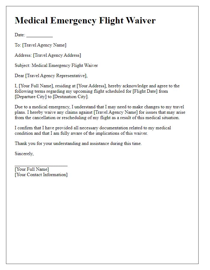 Letter template of medical emergency flight waiver for travel agency