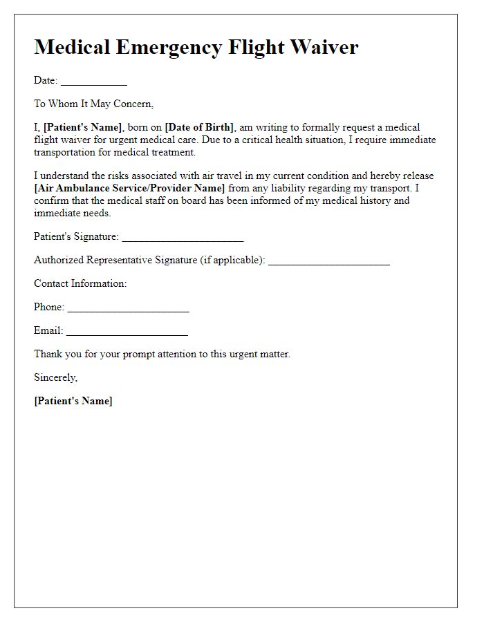 Letter template of medical emergency flight waiver for urgent medical care