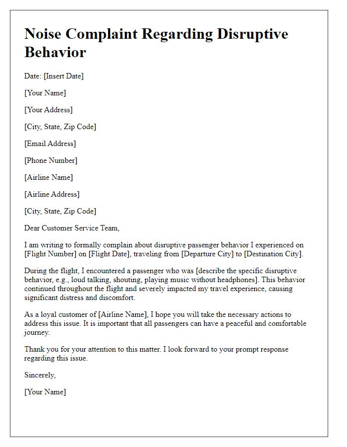 Letter template of noise complaint concerning disruptive passenger behavior on board.