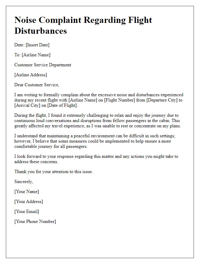 Letter template of noise complaint regarding cabin disturbances during flight.