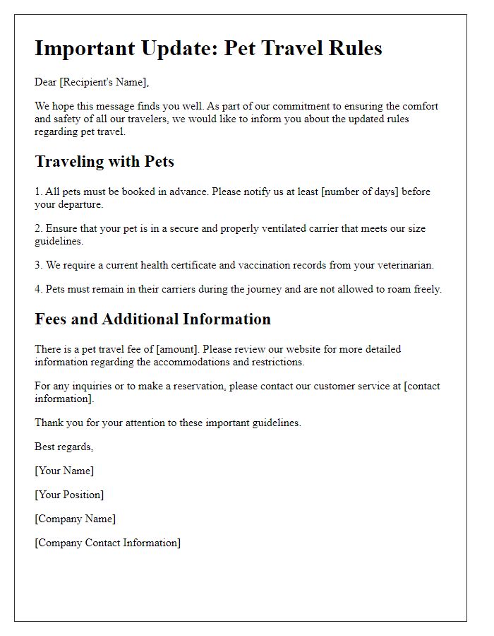 Letter template of communication on pet travel rules