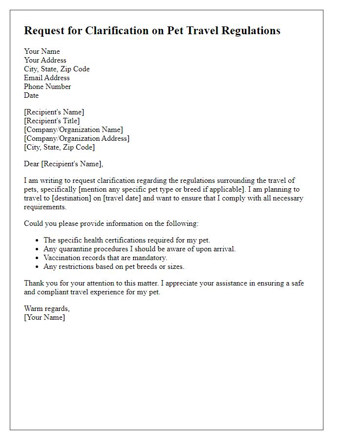 Letter template of request for clarification on pet travel regulations