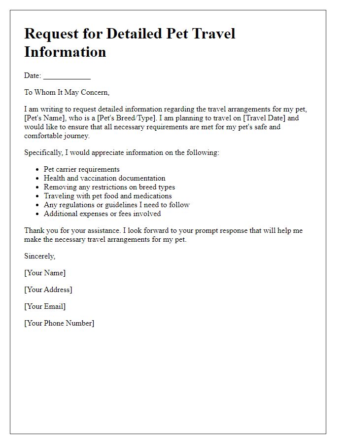 Letter template of request for detailed pet travel information