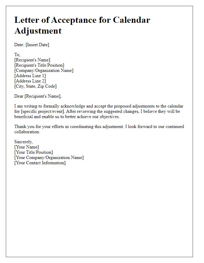 Letter template of acceptance for calendar adjustment