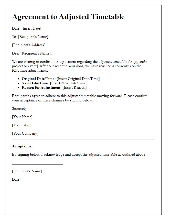 Letter template of agreement to adjusted timetable