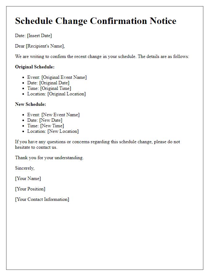 Letter template of schedule change confirmation notice