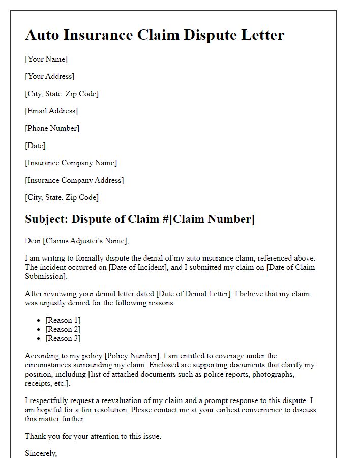 Letter template of auto insurance claim dispute