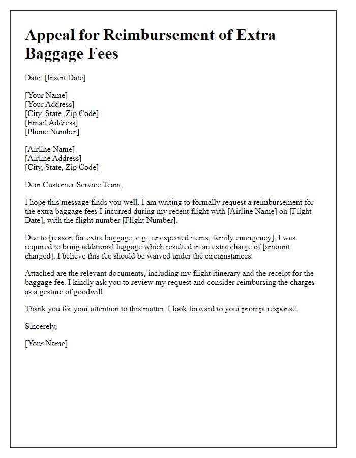 Letter template of appeal for reimbursing extra baggage fees