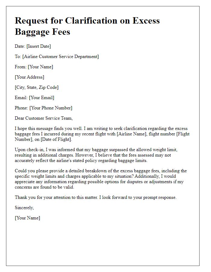 Letter template of clarification request for excess baggage fees