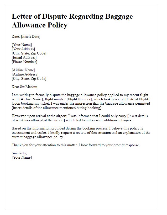 Letter template of dispute regarding baggage allowance policy