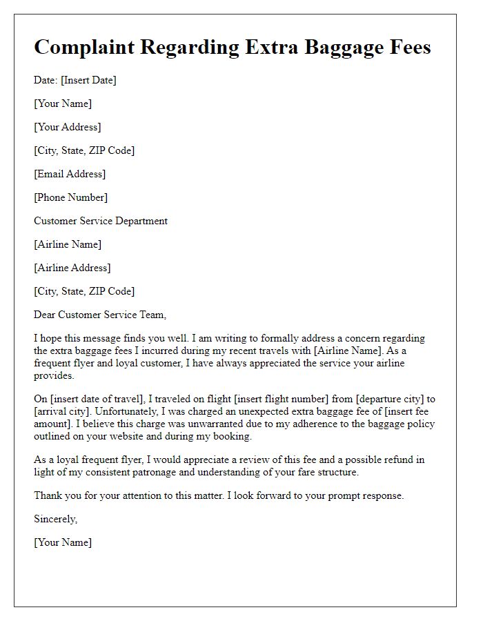 Letter template of extra baggage fee complaint for frequent flyers