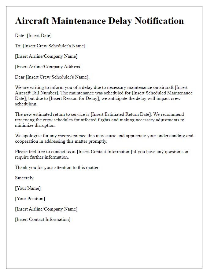 Letter template of Aircraft Maintenance Delay Notification for Crew Scheduling Conflicts