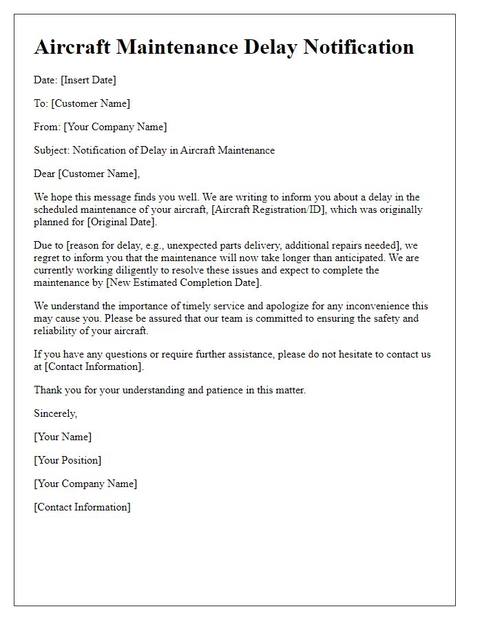 Letter template of Aircraft Maintenance Delay Notification for Customer Communication