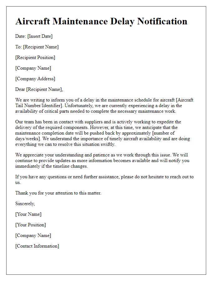 Letter template of Aircraft Maintenance Delay Notification for Parts Availability