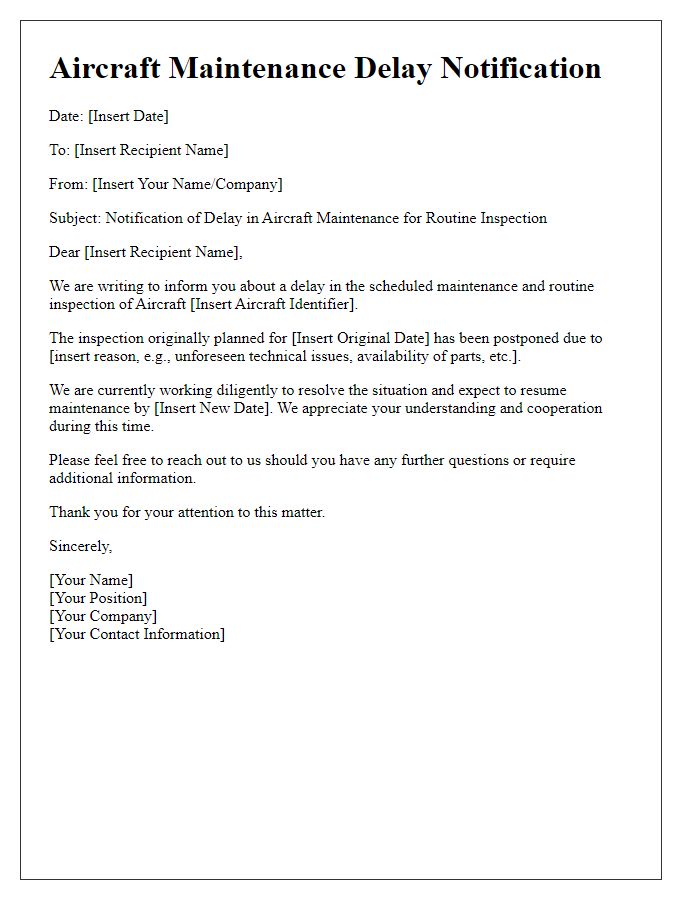 Letter template of Aircraft Maintenance Delay Notification for Routine Inspections