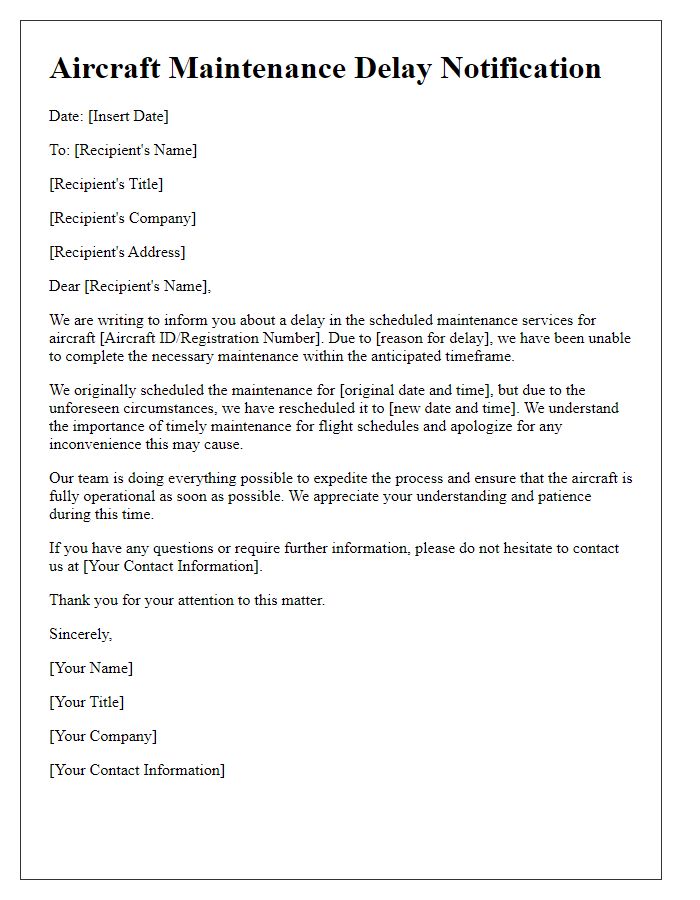 Letter template of Aircraft Maintenance Delay Notification for Scheduled Services