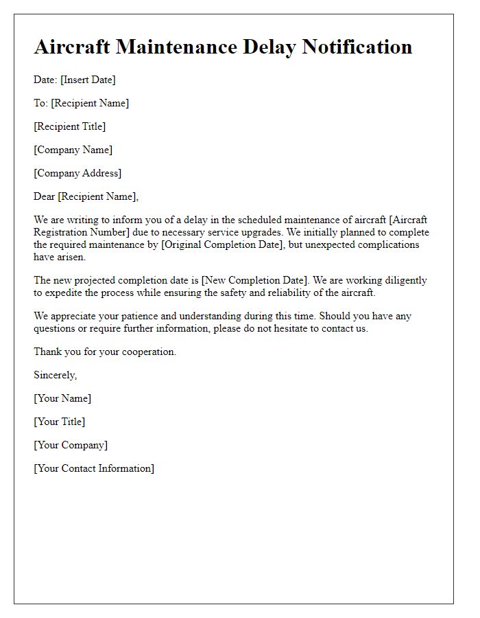 Letter template of Aircraft Maintenance Delay Notification for Service Upgrades