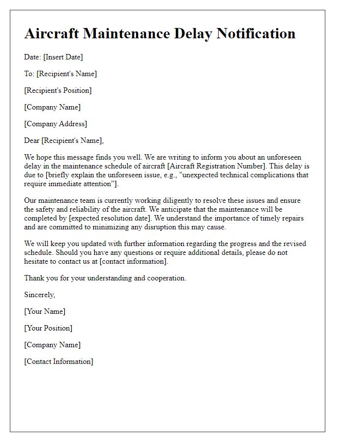 Letter template of Aircraft Maintenance Delay Notification for Unforeseen Issues