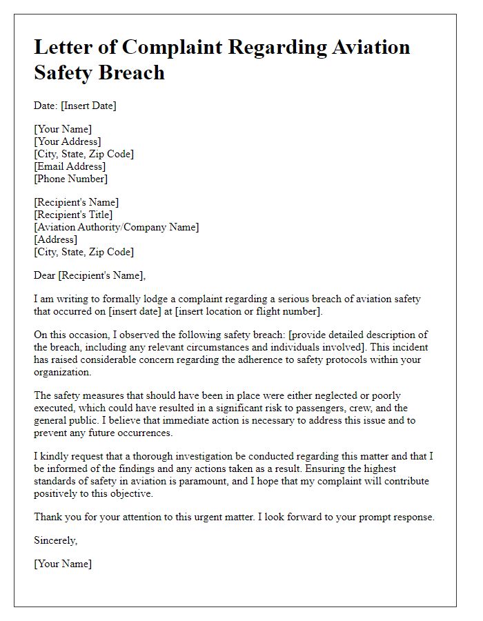 Letter template of aviation safety breach complaint