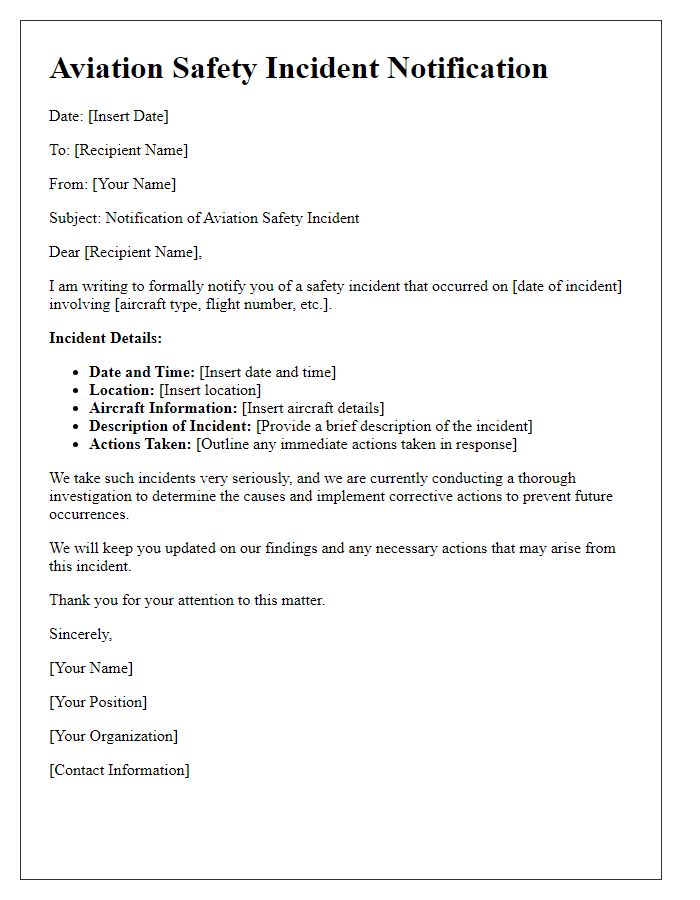 Letter template of aviation safety incident notification