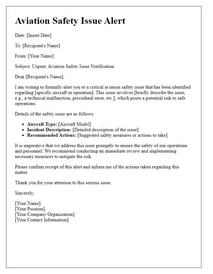 Letter template of aviation safety issue alert