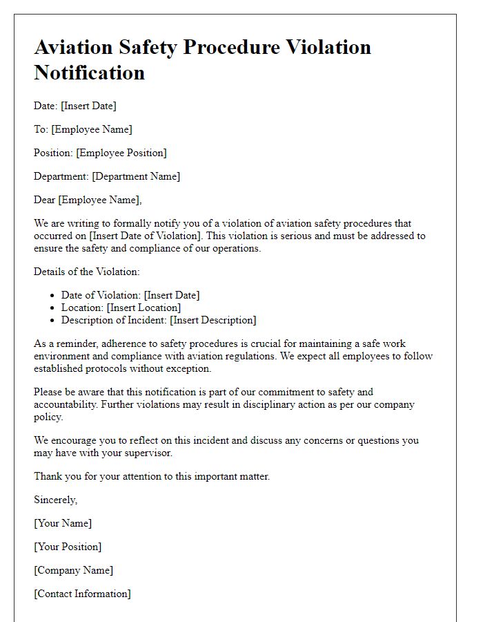 Letter template of aviation safety procedure violation notification