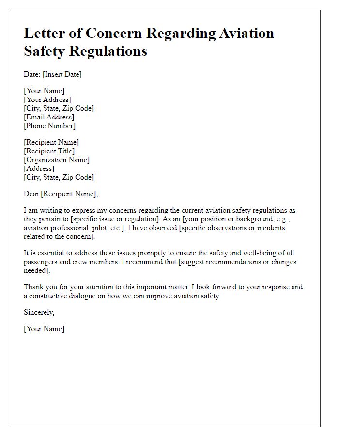 Letter template of aviation safety regulatory concern