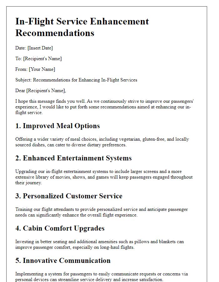 Letter template of in-flight service enhancement recommendations