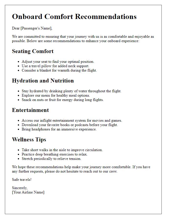 Letter template of onboard comfort recommendations