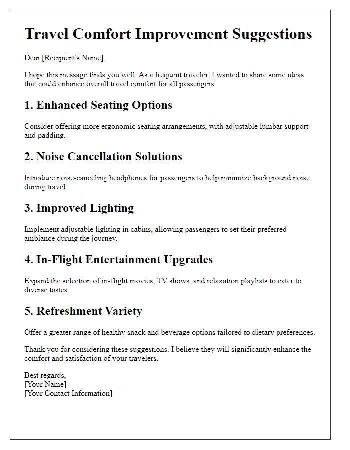 Letter template of overall travel comfort improvement ideas