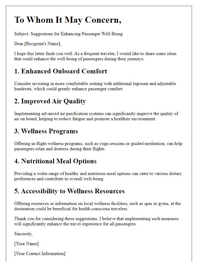 Letter template of passenger well-being enhancement ideas