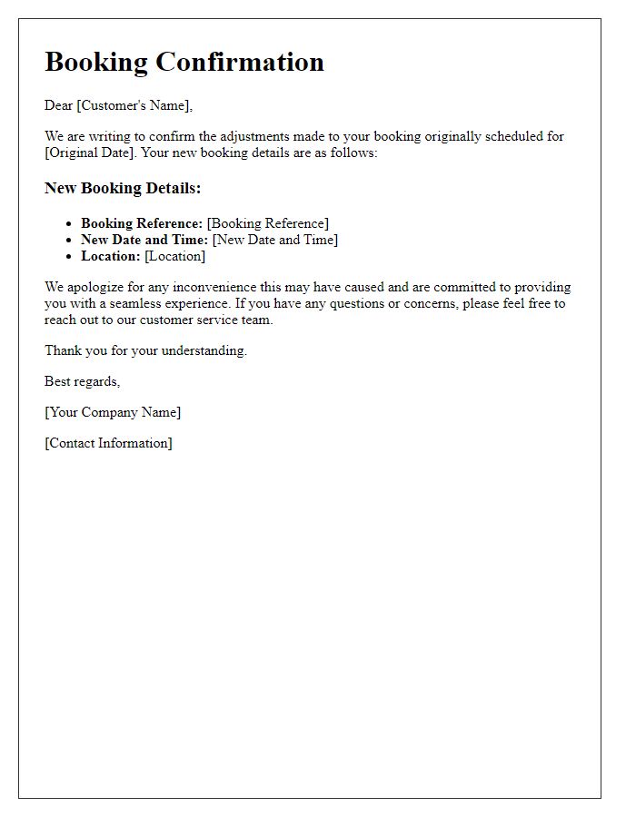 Letter template of rebooking confirmation after schedule adjustments.