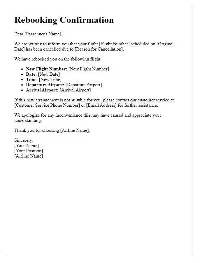 Letter template of rebooking confirmation due to flight cancellation.