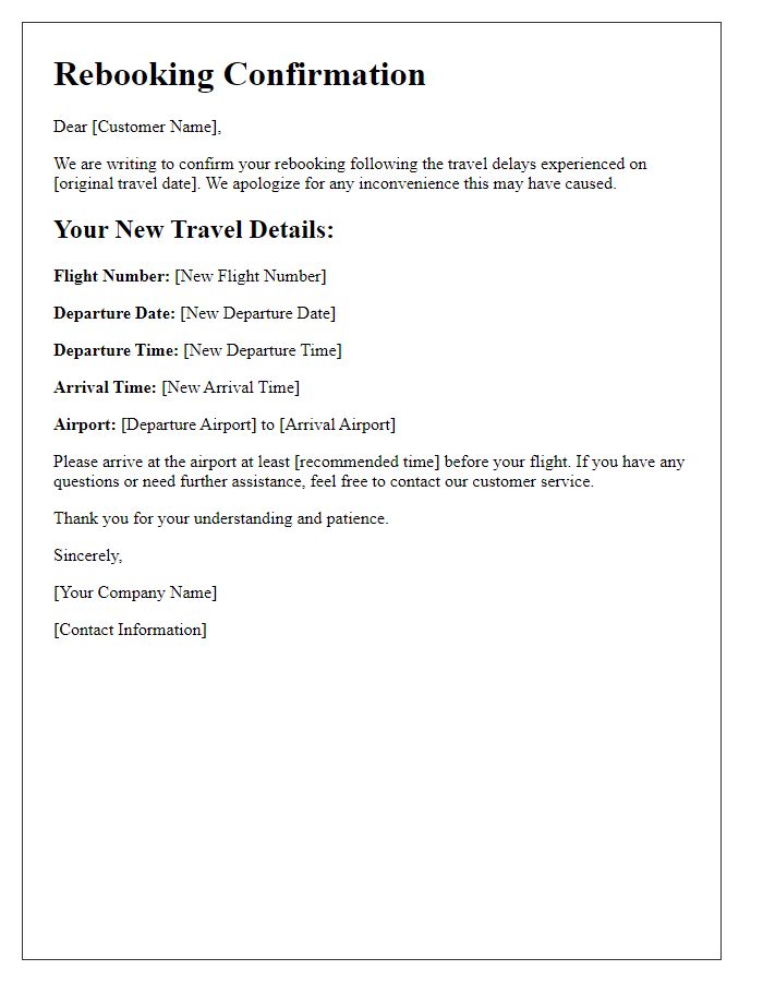 Letter template of rebooking confirmation following travel delays.