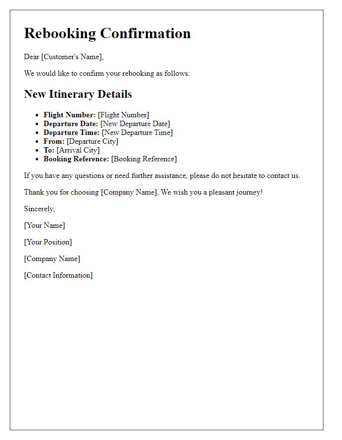 Letter template of rebooking confirmation for itinerary changes.