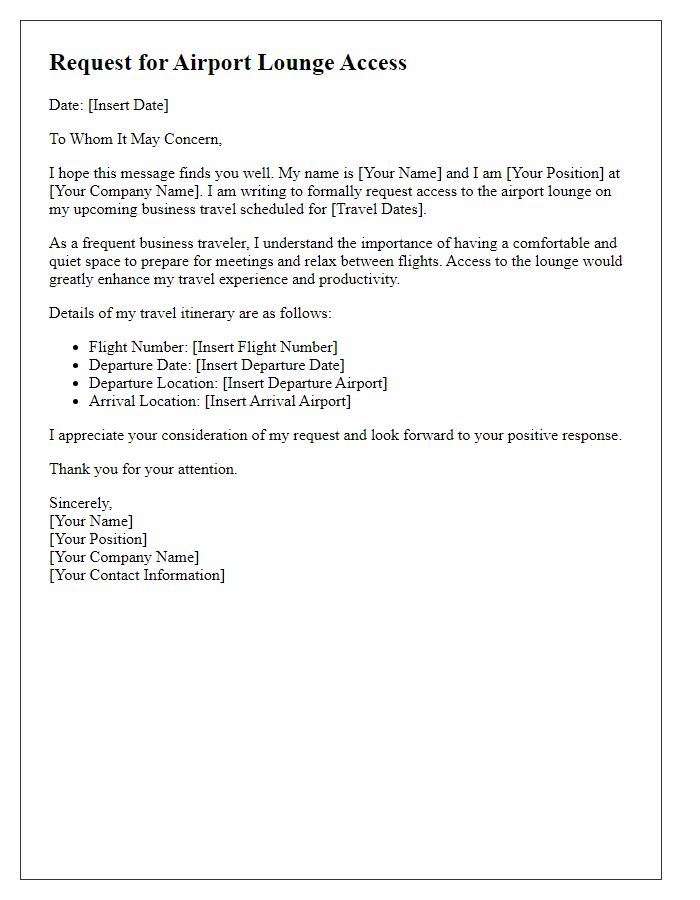 Letter template of airport lounge access request for business travelers.