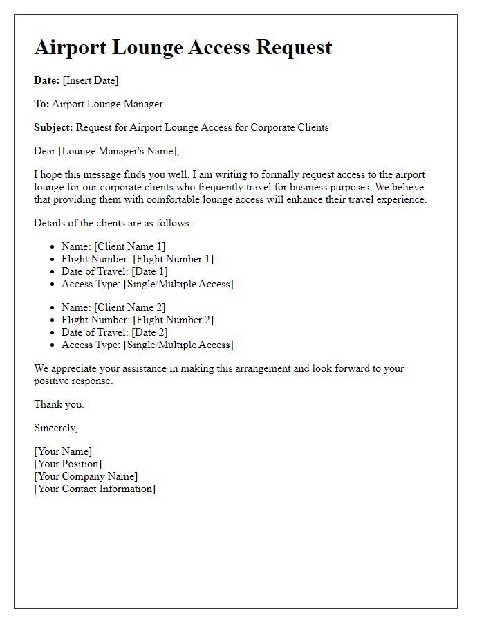 Letter template of airport lounge access request for corporate clients.