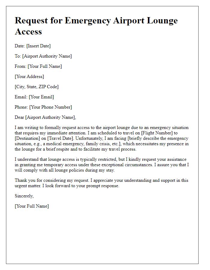 Letter template of airport lounge access request for emergency situations.