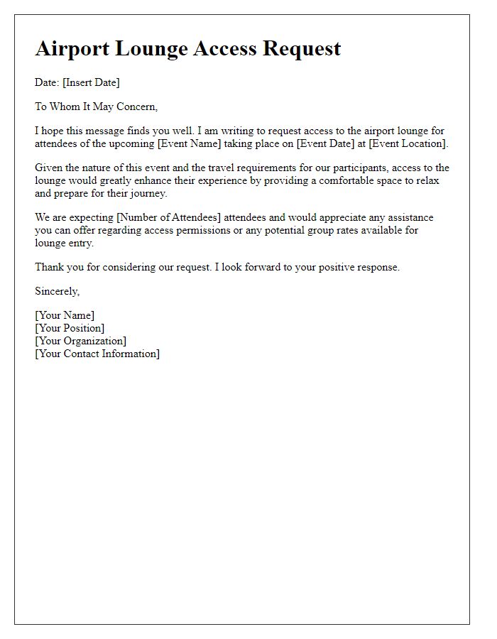 Letter template of airport lounge access request for event attendees.