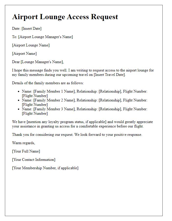 Letter template of airport lounge access request for family members.