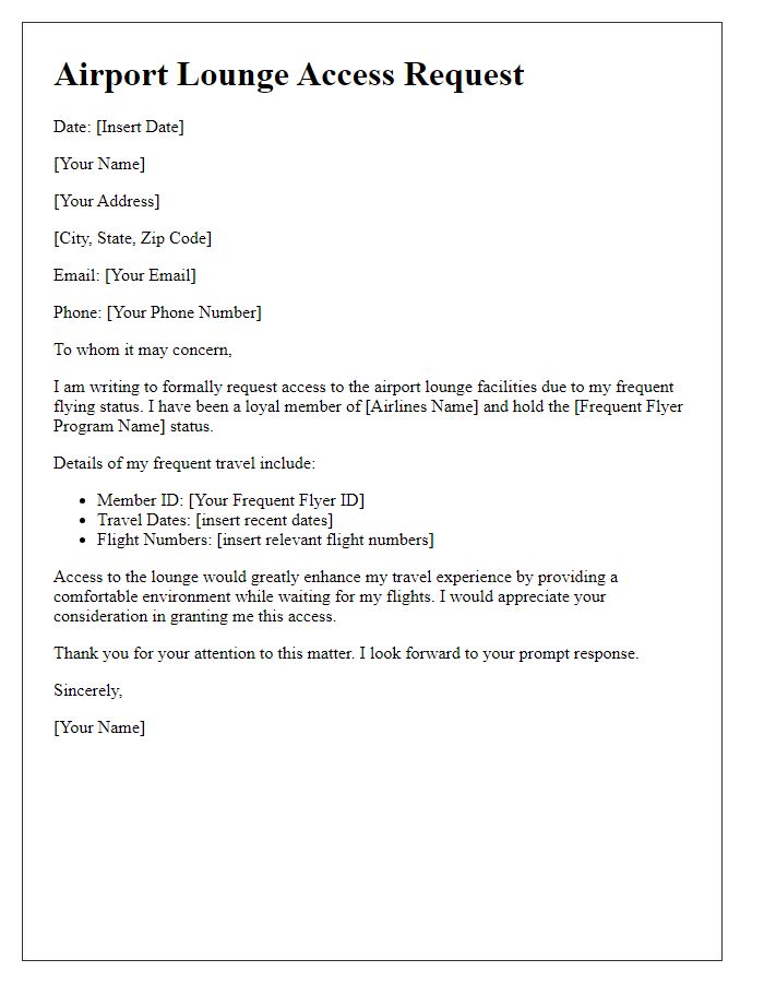 Letter template of airport lounge access request for frequent flyers.