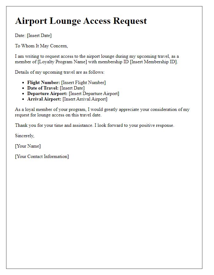 Letter template of airport lounge access request for loyalty program members.