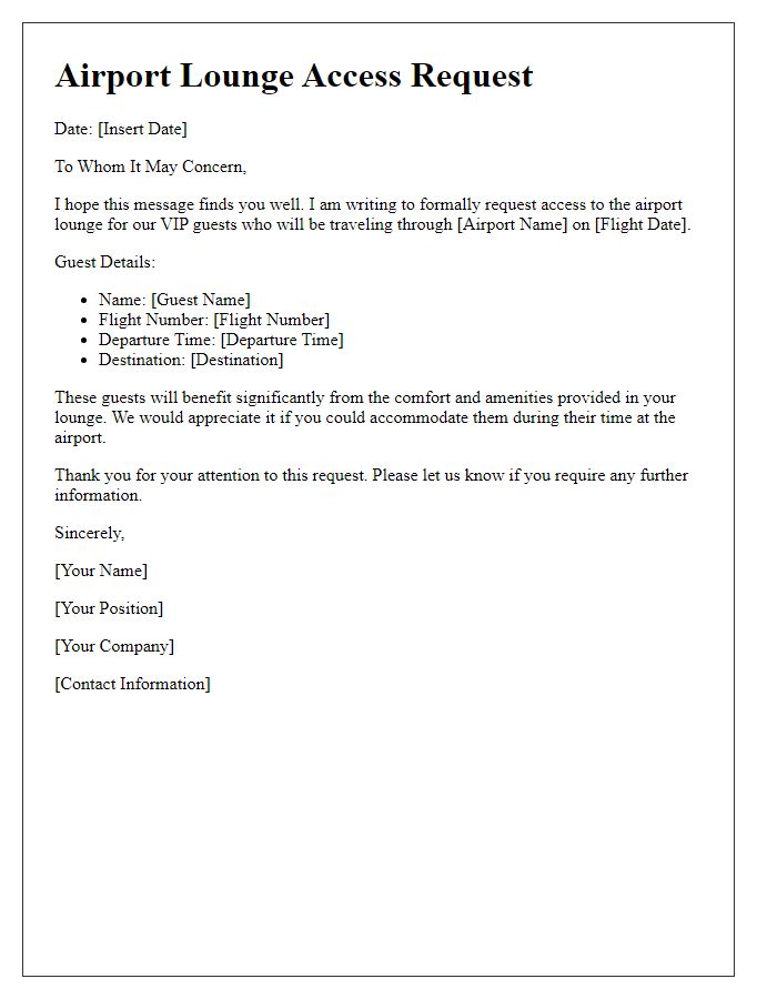 Letter template of airport lounge access request for VIP guests.