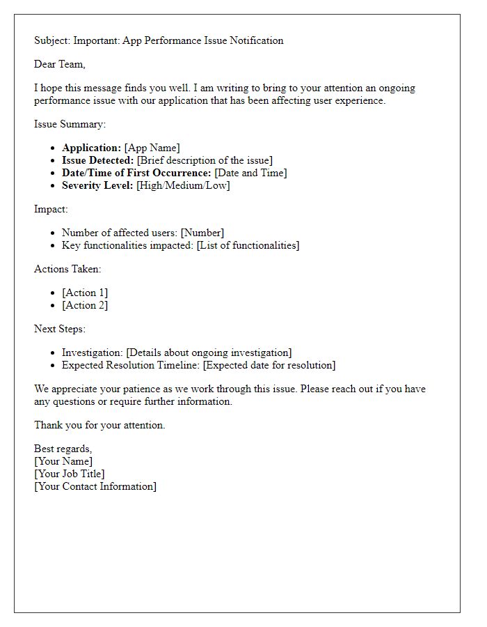 Letter template of app performance issue communication